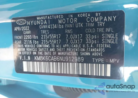 2022 Hyundai Kona Sel z USA, uszkodzony, nr VIN KM8K6CAB6NU912989